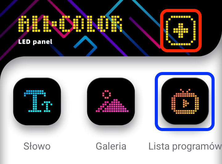 Menu główne aplikacji iPixel Color