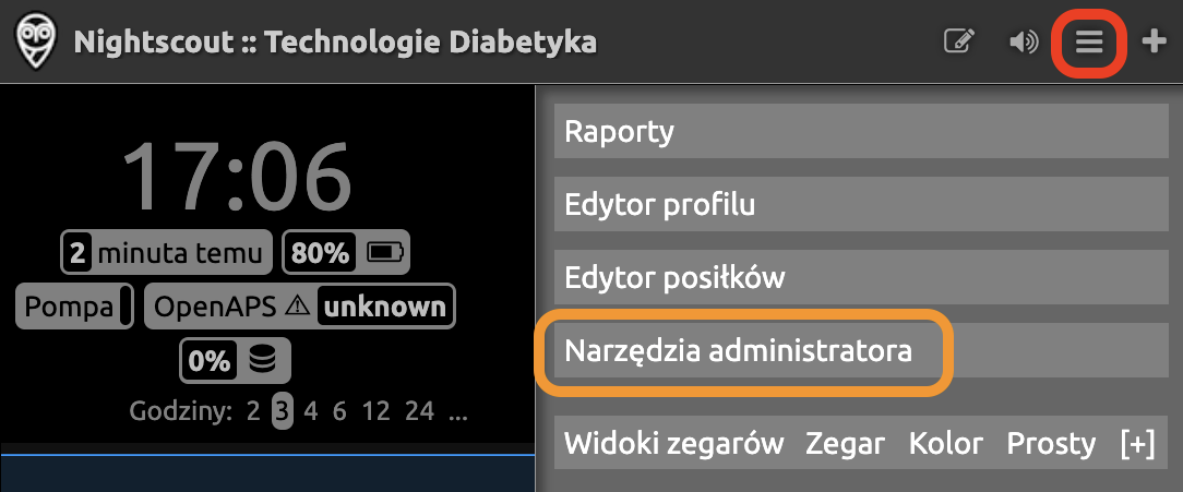 Nightscout - menu hamburger